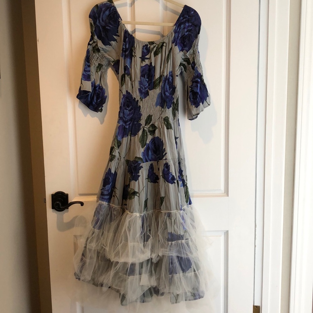 Marrika Nakk Grey & Blue floral w/tulle midi dress